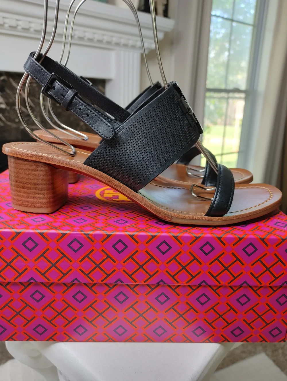 TORY BURCH LOWELL 2 PERFORATED SANDAL, BLACK 9.5